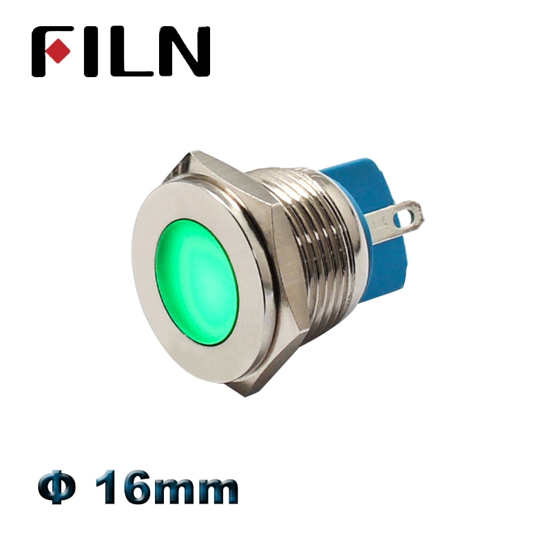 Filn 16mm 12v 24v ledet metallindikatorlys rød grønn blå hvit gul advarselsmetall signallampe pilotlampe 110v 220v