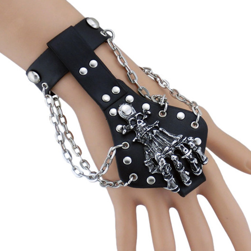 Mens Gothic Legering Spike Skeleton Hand Wrap Lederen Manchet Vinger Armband