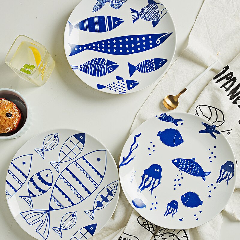 Blå og hvid keramisk salattallerken frugtbøf tallerken porcelænsservice rund western madbakke dessertretter