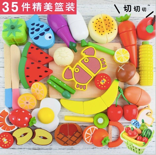 Wooden cutting fruit kitchen toy Food Toys Fruit Fish Vegetable Blocks Montessori preschool educational toy kids Birthday: 35pcs