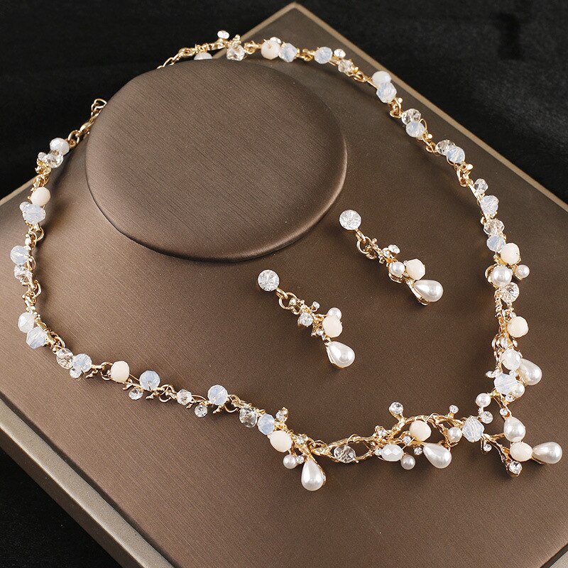 Jonnafe Gouden Tak Parels Tiara Ketting Oorbellen Bruiloft Sieraden Set Handgemaakte Bruids Accessoires Vrouwen Sieraden Sets