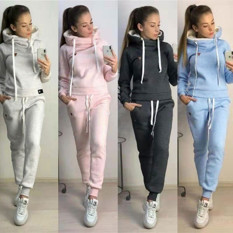 Trainingsanzug Frauen Set Herbst Winter frauen Anzug Feste Farbe Rosa 0-Hals Mit Kapuze Sweatshirt Patchwork Lange Hose sport Anzüge