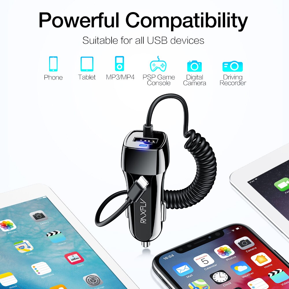 RAXFLY – chargeur de voiture 10W, adaptateur pour téléphone portable, adaptateur pour iPhone 12, Micro USB Type C avec câble USB à haute élasticité