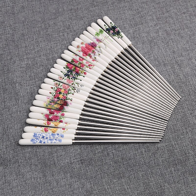 BalleenShiny 1 Pair Stainless Steel Chopsticks Chinese Style Rose Peony Ceramic Handle Anti-skid Chopsticks for Rice