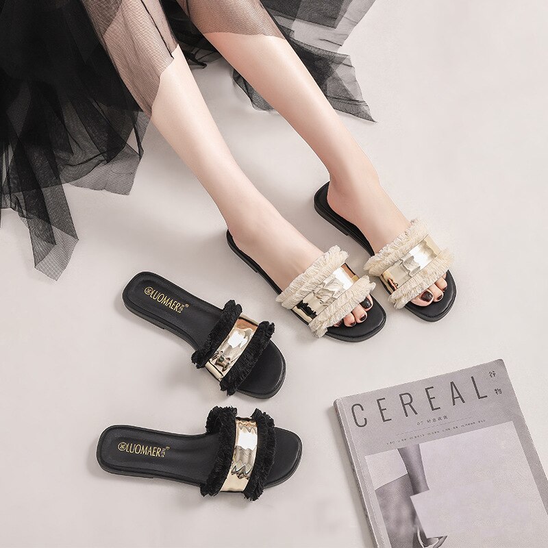 famous brand gold band tassel sandals women flats heel metal decoration slippers double layer fringe flip flops big size 259