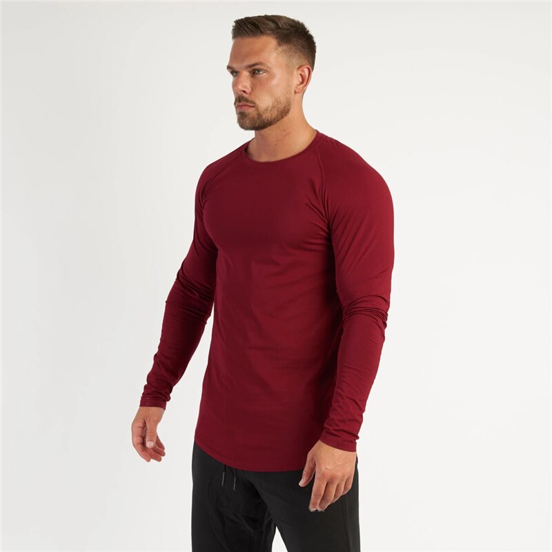 Herfst Heren Running Lange Mouw T-shirt Mannen Gym T-shirts Mannelijke Bodybuilding Tee Shirts Casual T-shirt Voor Man Sportkleding: Wine Red / XXL