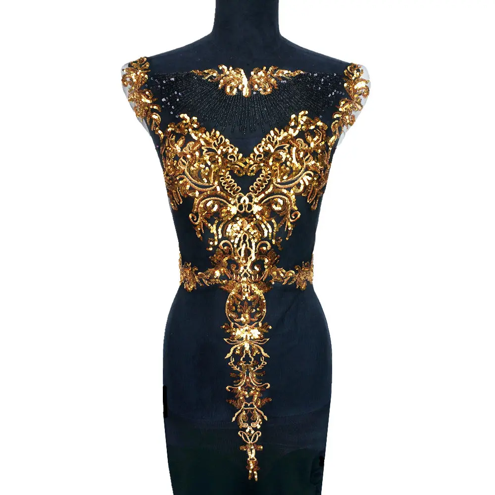 1 sæt sort tyl guld pailletter broderi blonde stof kvast royal noble brudekjole applikation patch krave kjole diy