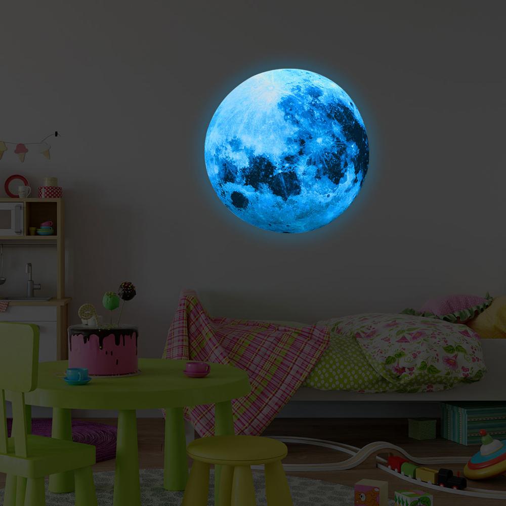 Pegatina de pared de Luna luminosa azul de 30cm, decoración para sala de estar y dormitorio, Mural para fondo de habitación de niños, calcomanías que brillan en la oscuridad para el hogar