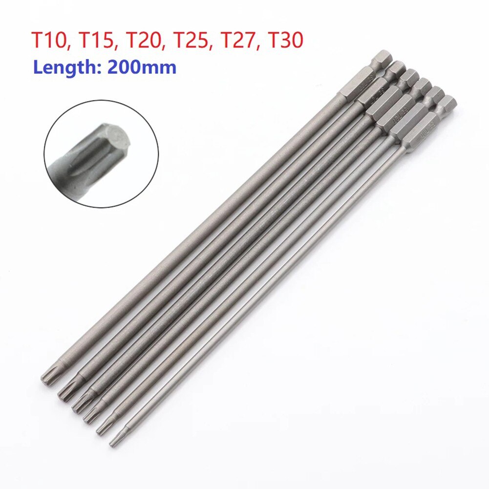 Juego de puntas de destornillador Torx magnético de 200mm de largo, cabeza de destornillador eléctrico T10, T15, T20, T25, T27, T30, 1 ud.