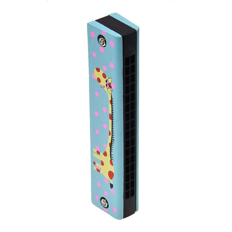 Wooden giraffe pattern dual series 32 hole harmonica child blue