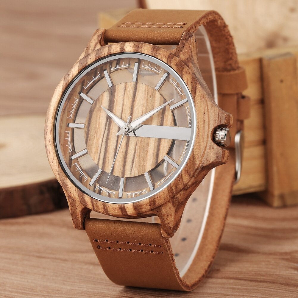 Ebony wood ur herre gennemsigtig hul urskive træure analogt ur vintage quartz armbåndsur reloj de madera