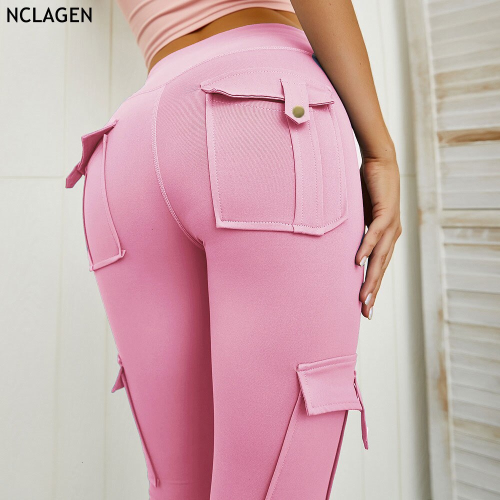 NCLAGEN Yoga Pants Sport Leggings More Pocket Uniform High Waist Feet Honey Peach Buttocks Elastic Bodybuilding Gym Squat Proof