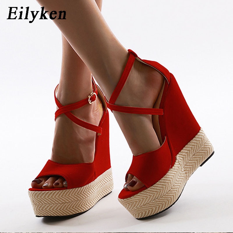¡Novedad de ! Sandalias de verano de paja Eilyken para mujer, sandalias de plataforma de mujer, zapatos de tacón alto de rojos, talla 41 42