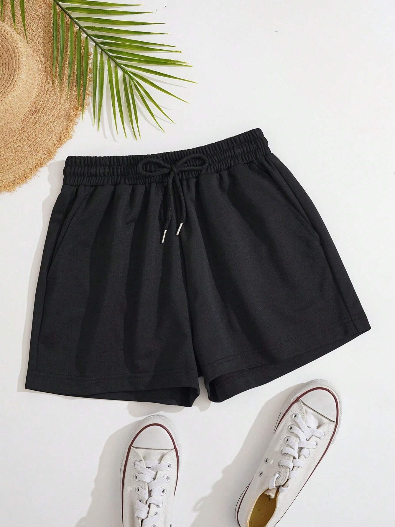 Solid Drawstring Waist Track Shorts: XL / black
