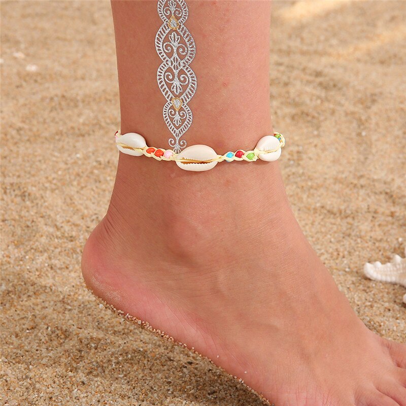 Bohemian Shell Anklets for Women Handmade Leather Woven Natural Shell Foot Jewelry Summer Beach Barefoot Bracelet ankle on Leg