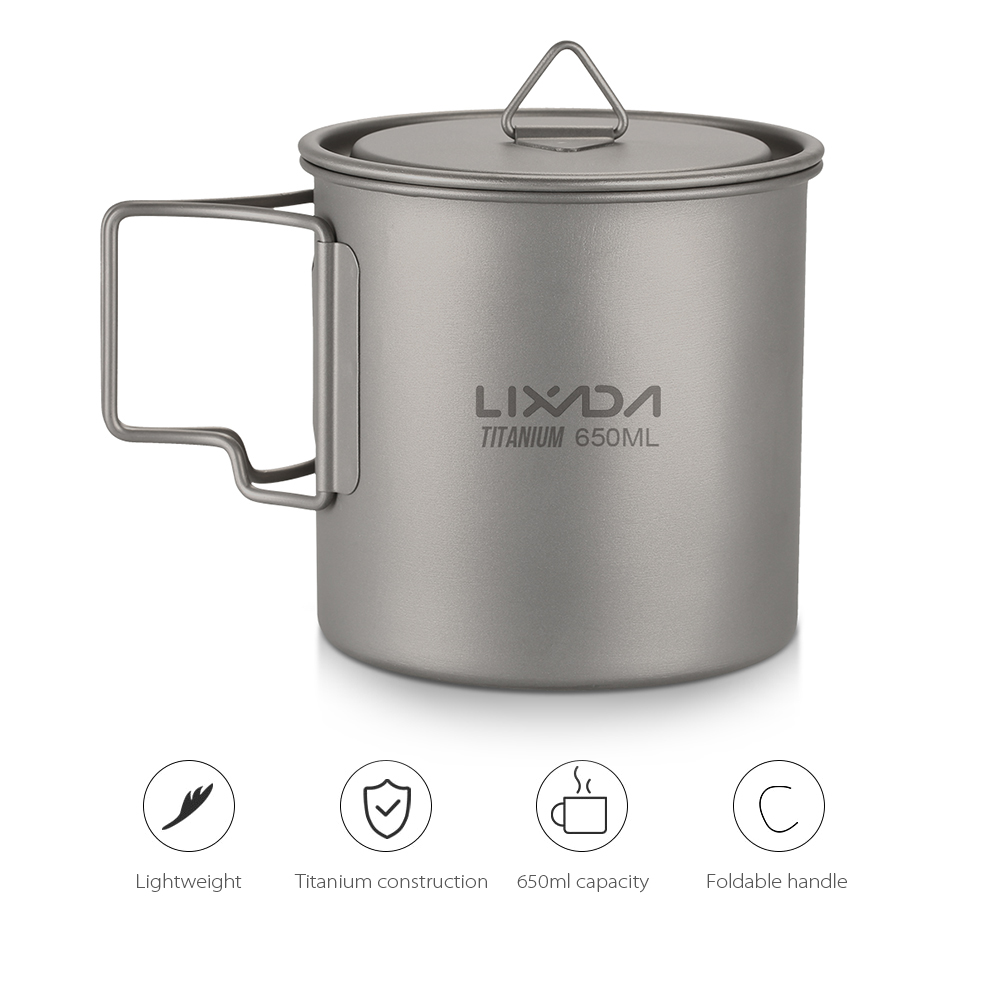 Lixada Ultralight Titanium Cup Outdoor Draagbare Camping Picknick Water Cup Mok Opvouwbare Handvat/350 Ml/420 Ml/ 650 Ml/750 Ml