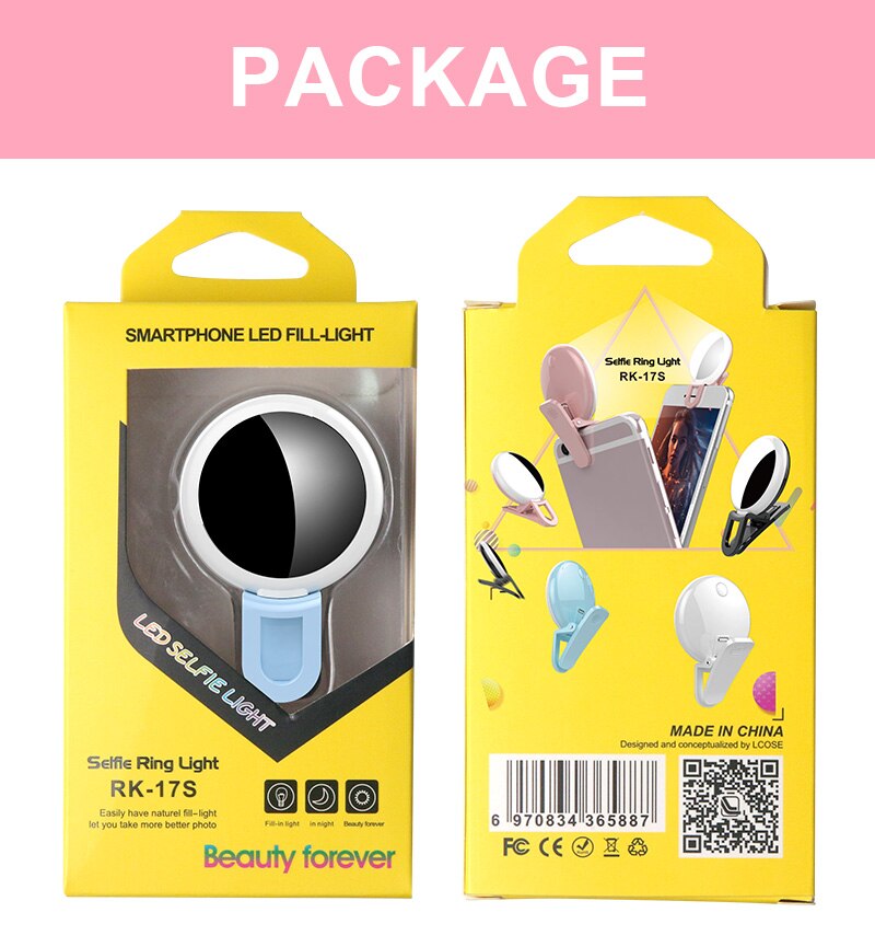 Selfie Ringlicht - RK17S Mini LED Blitz - 20 Birnen - 9 Helligkeitsstufen - Schminkspiegel - USB Betrieben für Handys