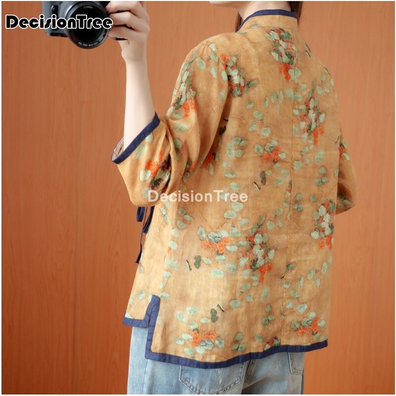 Camisa tradicional china de algodón para mujer, tops de estilo chino, ropa de té folclórica retro, blusas con estampado de flores, Blusa de gasa diaria 2022