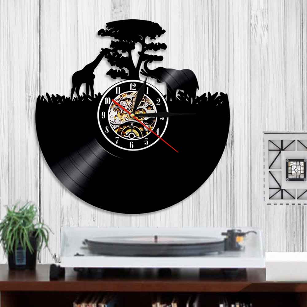 Griaffe Elephant Vinyl Wall Clock Africa Animal Handmade Craft Clock With LED Backlight Nursery Decor For Kids