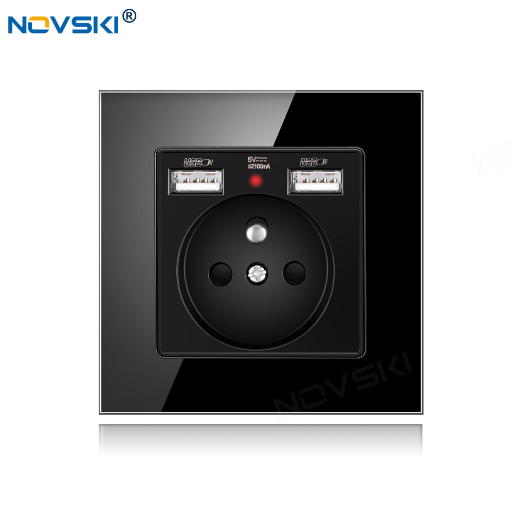 NOVSKI French Power Socket, Electrical French Outlet, 2.1A Dual USB Charging Port with Soft LED Indicator, White, Black, Gold: Crystal Glass Black