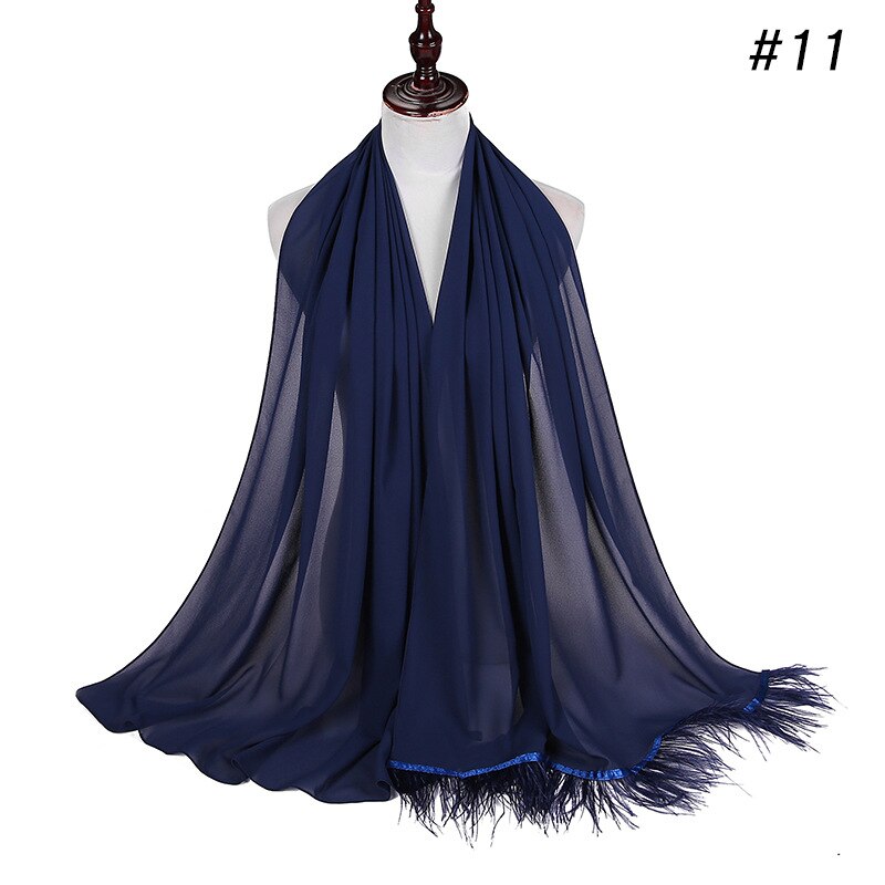 Trend Feather Hijabs Turban Chiffon Single-Side Short Feather Stitching Scarf Long Shawl For Muslim Women Headscarf: 11 navy blue