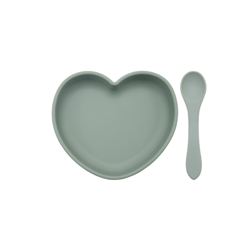 Plato de cena en forma de corazón con succión, juego de alimentación para bebé, cuchara de silicona pura, fácil de limpiar, sin BPA, para Baby Shower, novedad de 2022: 007-sage