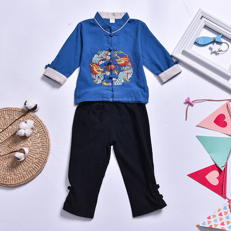 Chinese traditionele hanfu draak borduurwerk kinderen tang pak blouse jongen kungfu kleding meisje chinese top broek kind vintage feest: Kleur 2 / Hoogte 90cm