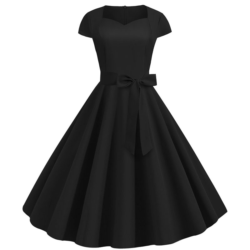 Summer Women's Dress Short Sleeve Solid Vintage Retro Big Swing Office Party Midi Sundress