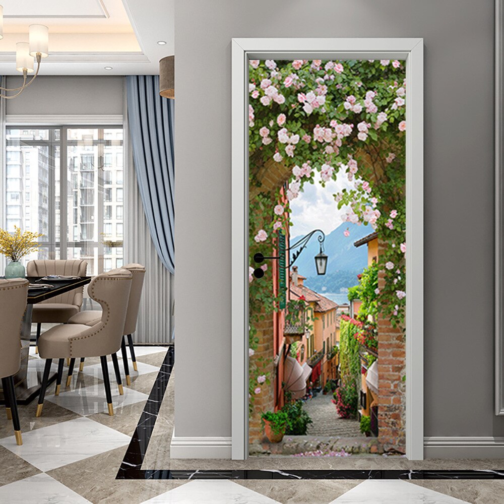 3D Door Deco Sticker Wallpaper Waterproof Vinyl PVC House Bedroom Door Decoration Sticker Rose Arch Door Wallpaper Stickers