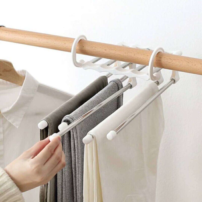 5- i -1- lags rustfrit stål stativer bukser bøjle tøj garderobe opbevaring organisation tørring bøjle skabsarrangør