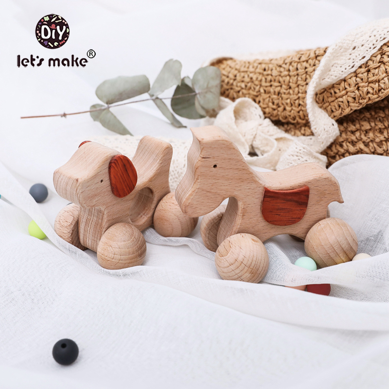 Laten we 5pcs Houten Baby Speelgoed Hond Auto Gym Hout Dier Rammelaars Paard Auto Houten Bijtring Animal Kids speelgoed