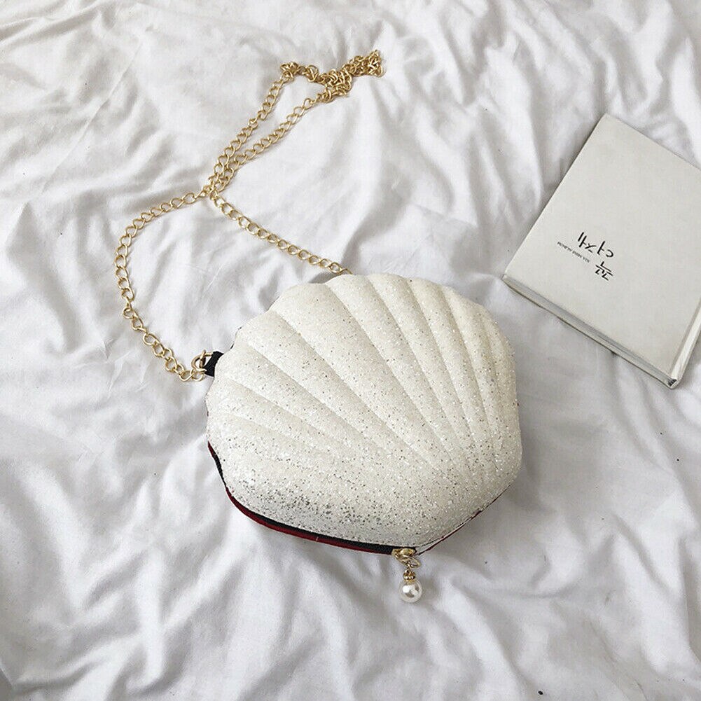 Vrouwen Meisje Glitter Sequine Shell Vorm Messenger Bags Dame Zomer Strand Pu Handtas Cross Body Schoudertas portemonnee: WHITE