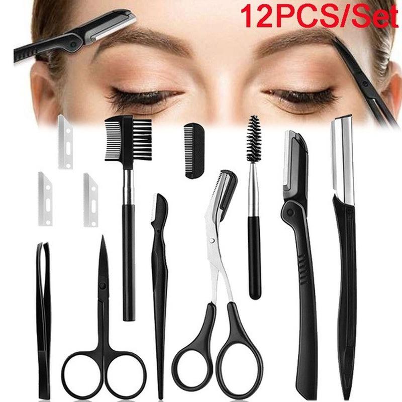 12 Stuks Zwart Wenkbrauw Trimmen Schaar Rvs Pincet Wenkbrauw Schrapen Wenkbrauw Kam Scheermes Wenkbrauw Clip Makeuptool Sets