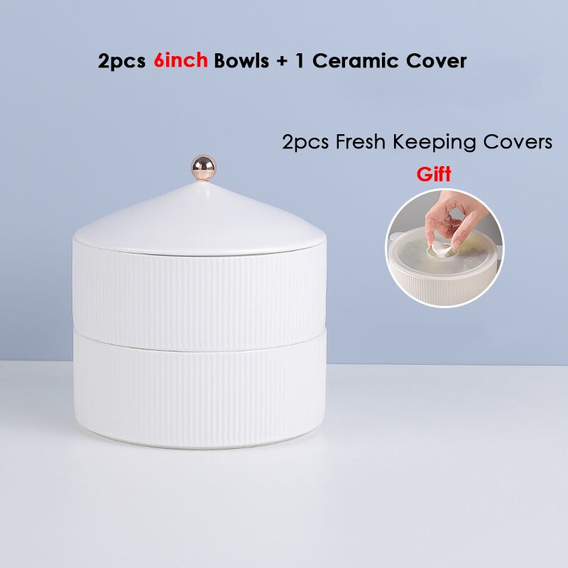 Nordic White Ceramic Bowl with Cover Fruit Snacks Cookies Food Storage Container Serving Dishes Sealed Fresh Keeping Salad Bowls: 6 inch 2pcs