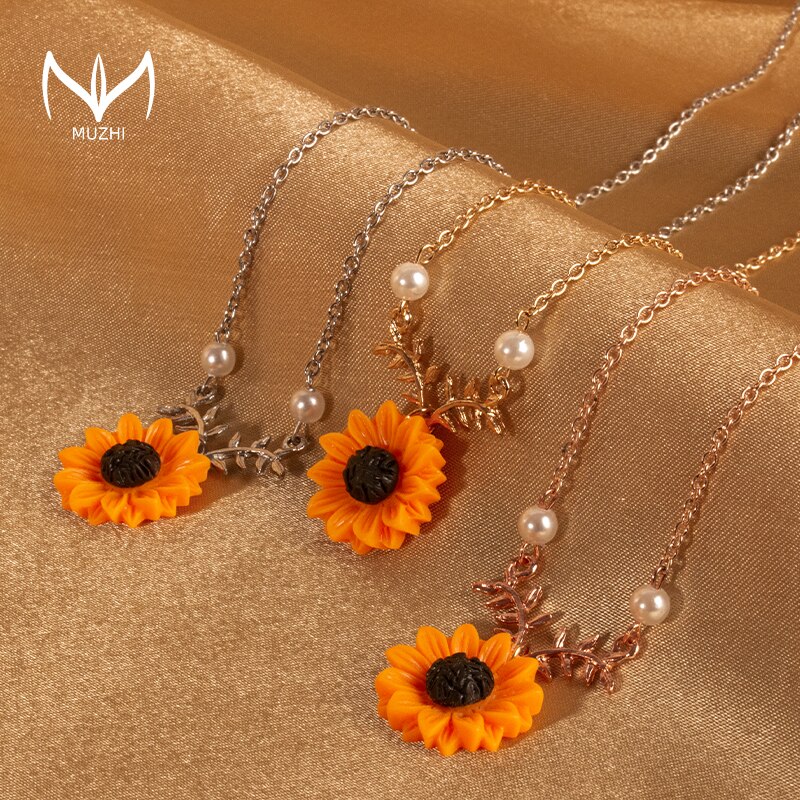 Muzhi Mode Eenvoudige Zonnebloem Hanger Ketting Voor Vrouwen Leaf Pearl Gold Choker Ketting Leuke Meisje Verjaardag Sieraden