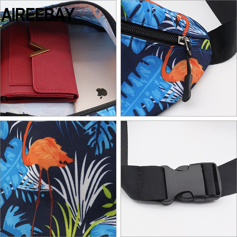 AIREEBAY Printed Leaf Women Waist bags Large Capacity Canvas Fanny Pack with Zipper Female Casual Travel Banana bags