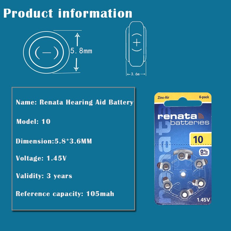 6Pcs Renata 10 1.45V 105Mah Zink-lucht Batterijen ZA10 PR70 A10 Voor Gehoorapparaat Batterijen Button Coin mobiele