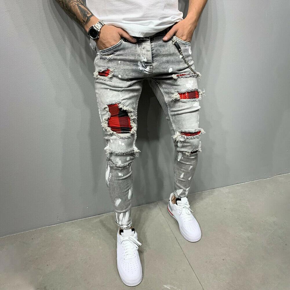 Men Jeans Solid Color Patchwork Skinny Fit Ripped Jeans Stretch Denim Pants Women clothing Streetwear мужские комплекты