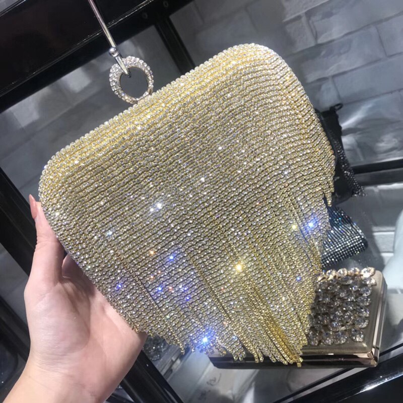 Women Bag Rhinestone Shiny Fringed Clutch Bag Handbag Night Party Purse Evening Party Wedding Handbag Shoulder Bag Bridal