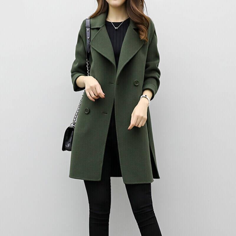 Autumn/Winter Women's Medium-Length Woolen Jacket Loose-Fit Slimming Double-Row Buttoning Overcoat