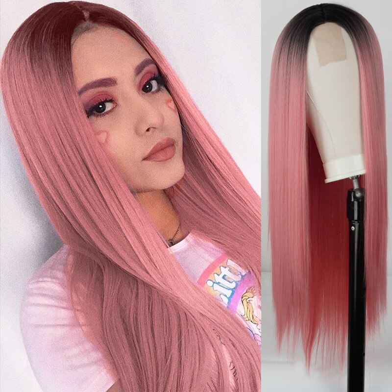 Peluca larga recta en negro y rojo, pelucas sintéticas para mujer, peluca de malla con división media Natural, peluca de fibra resistente al calor con aspecto Natural: T4/27/30