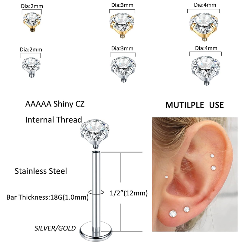 Piercing de nariz de zircônia cúbica, aço inoxidável, hélice, tragus, cartilagem, mulheres, orelha, labret, joia de piercing corporal