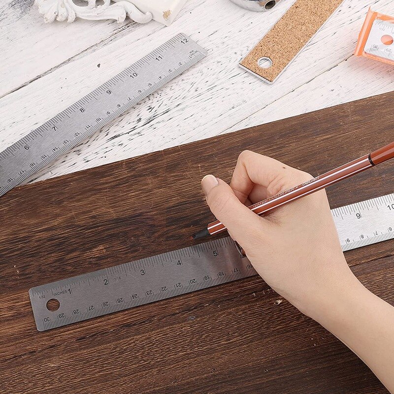 6Pcs12 Inch Stainless Steel Ruler,Cork Backing Stainless Steel Rulers Metric Ruler For School Office Drawing Engineering