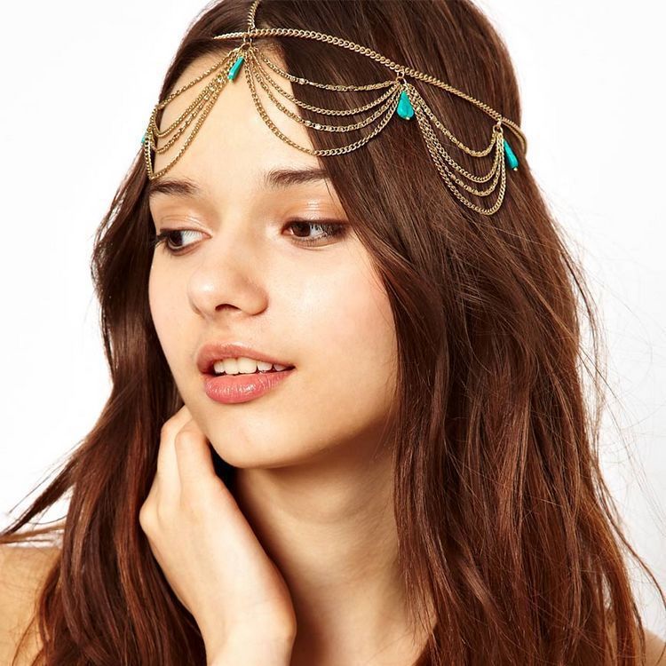 mariée mariage cheveux Bijoux accessoires pour femmes indien Boho Imitation perles tête chaîne casque Bijoux Femme: Couleur or