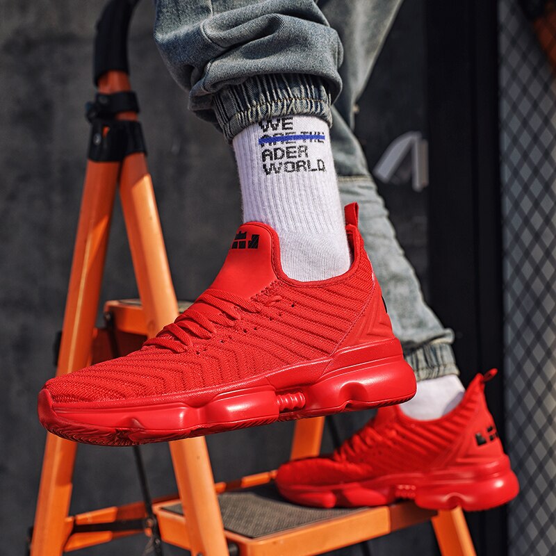 Heren vulkaniseren schoenen trend rode heren casual schoenen mesh ademende sneakers voor heren antislip rubberen schoenen grote maat 45 46 47: Rood / 9.5