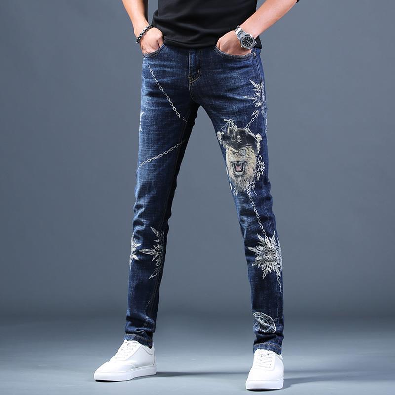 Men's printed ripped jeans stretch casual trousers autumn personality youth popular slim pants