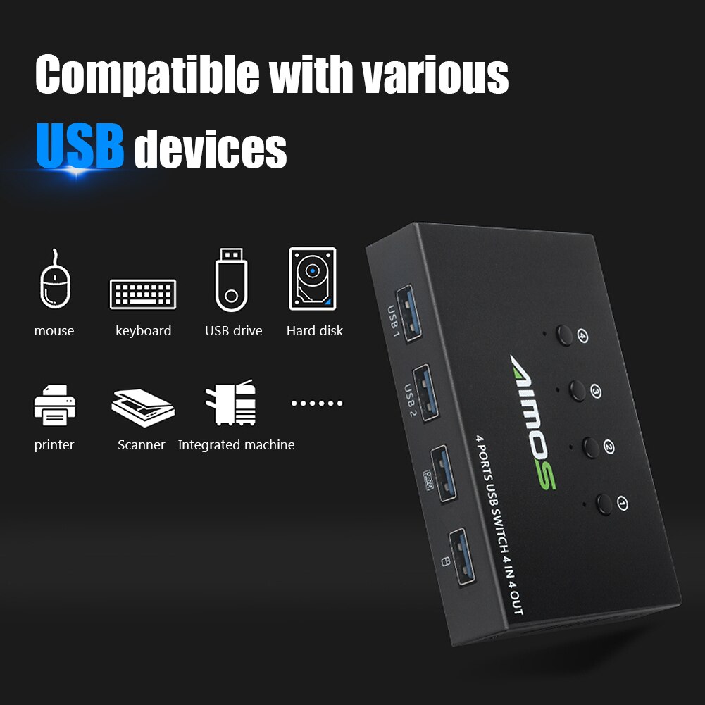 Practical USB Switcher KVM Switch Splitter Box for 4 PC Sharing Printer Keyboard Mouse Compative with Various USB Devices