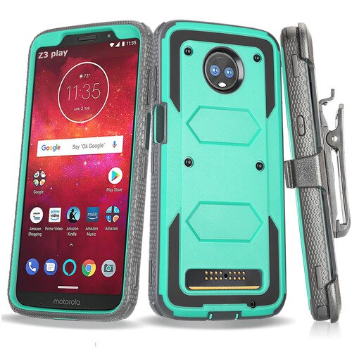 Heavy Duty Hybrid Armor Case Shockproof Impact Beschermende Riemclip Holster Kickstand Cover Voor Motorola Moto Z3/Moto Z3 spelen: Teal