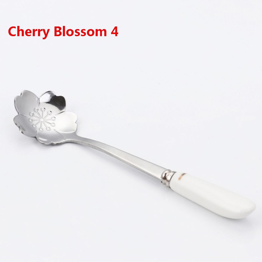 Cherry Blossom Rose Flower Spoon Gold Silk Ceramic Handle Sweet Spoons Gold-plated Coffee Stirring Spoon Tableware: Cherry Blossom 4