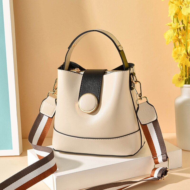 neue Frauen Tasche mit Bunten Strap Eimer Tasche Frauen PU Leder Schulter Taschen Damen Crossbody Messenger Taschen: Beige